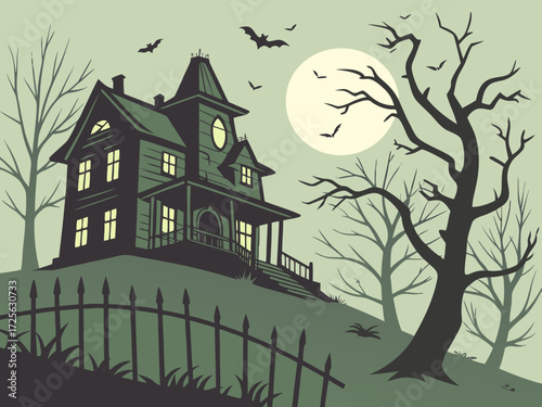 Happy Halloween holiday concept. haunted house on a hill, broken windows glowing with eerie green light, surrounded by dead twisted trees and a rusty iron fence. Fog covers the ground