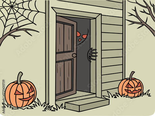 Happy Halloween holiday concept. Creepy wooden door in an old house slightly open, glowing red eyes and a clawed hand reaching out from the darkness inside, copy space.