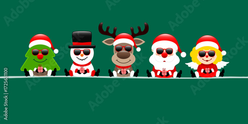 Dunkelgrünes Banner Baum Schneemann Rentier Weihnachtsmann Und Engel Mit Sonnenbrille