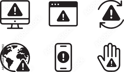 Set of modern warning and error icons representing system alerts, security breaches, and important notifications across various platforms and devices
