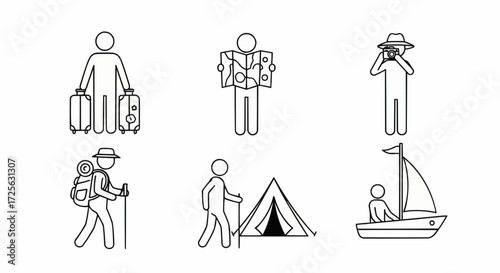 Collection of six simple line art icons representing various travel and outdoor activities.