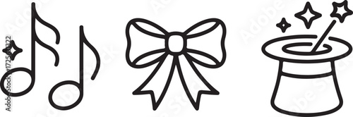 Monochrome Line Art Illustrations of Musical Notes, a Gift Bow, and a Magic Hat with Stars