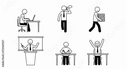 Collection of six simple line drawings depicting various business-related activities and emotions of stick figures.