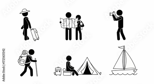 A collection of stick figure icons depicting various travel and outdoor leisure activities.