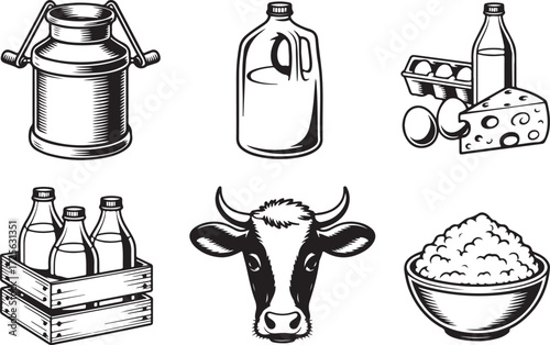 Stylized minimalist line art illustrations of farm-fresh dairy products such as milk, cheese, and eggs, alongside a friendly cow head, suitable for healthy food concepts and agricultural themes