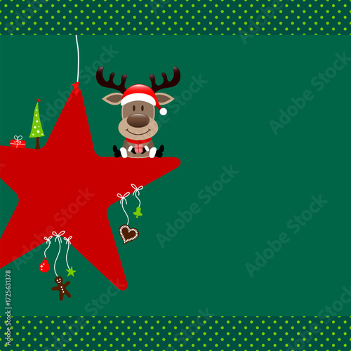 Sitzendes Rentier Auf Stern Icons Weihnachten Bordüre Punkte Dunkelgrün
