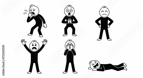 A collection of six black and white cartoon stick figures expressing various emotions and reactions.