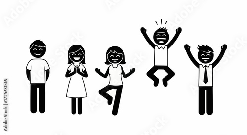 A diverse group of stick figures expressing various emotions and activities, including joy, excitement, and relaxation.