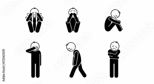 A collection of six black and white stick figure illustrations depicting various emotions and states of distress, including sadness, grief, and anxiety.