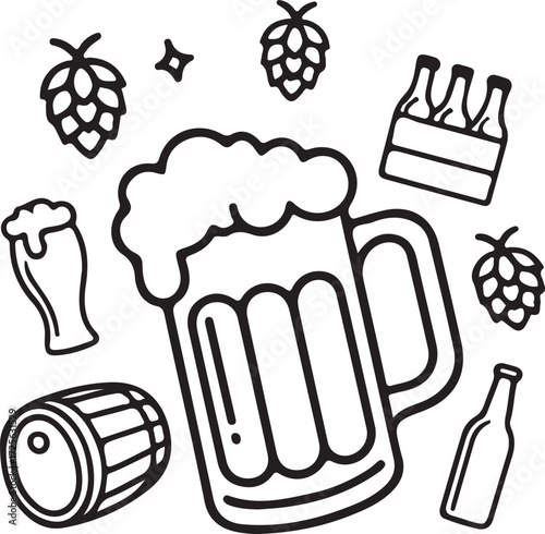 A collection of hand-drawn beer and brewing icons in a clean, minimalistic doodle style. This vector set includes a foamy mug, hops, bottle, and a barrel