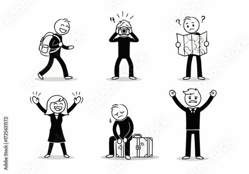 A collection of six stick figures illustrating various emotions and situations related to travel and daily life.