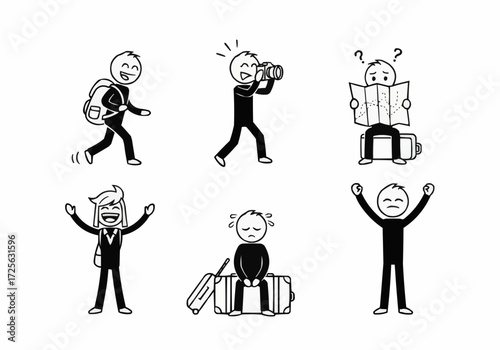 A collection of six simple black and white illustrations depicting various travel-related emotions and activities.