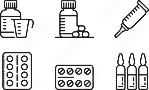 Set of six minimalistic medical and pharmacy line icons. A clean vector illustration of a syringe, pills, medicine bottles, and ampoules for healthcare design