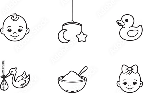 A clean minimalist line art illustration set featuring classic newborn baby icons like a stork, rubber duck, crib mobile, and infant faces