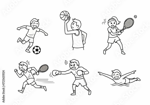 A collection of six diverse cartoon illustrations depicting individuals engaged in various athletic activities and sports.