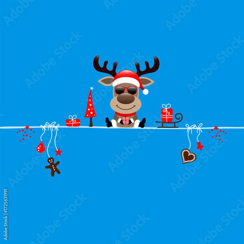 Sitzendes Rentier Sonnenbrille Und Icons Weihnachten Blau