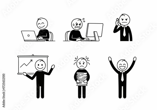 A collection of six stick figures illustrating various emotions and activities in a business or office setting.