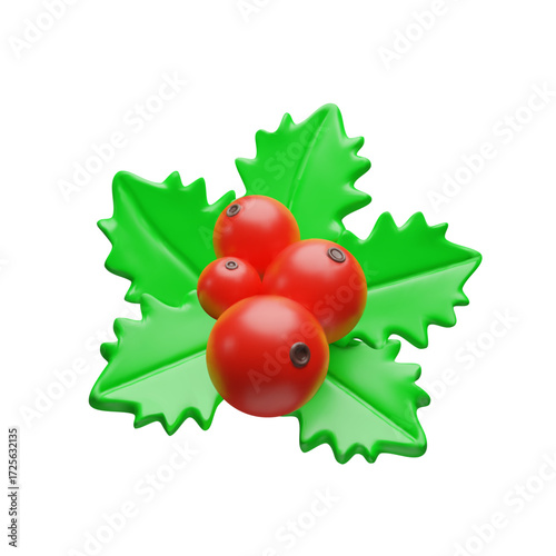 3D illustration of a mistletoe branch with bright green leaves and red berries. Winter designs, seasonal banners, invitations, decorative elements for Christmas and New Year projects.