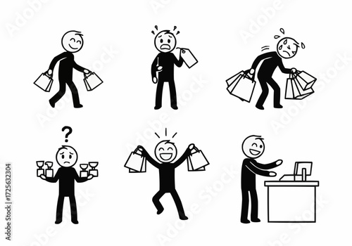 A collection of six stick figures illustrating different emotions and actions associated with shopping, from happy to overwhelmed.