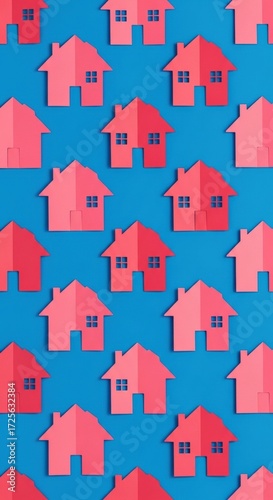 A repeating pattern of small, pink, paper houses arranged diagonally on a vibrant blue background.