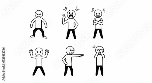 A collection of six simple stick figure illustrations depicting various angry emotions and gestures.