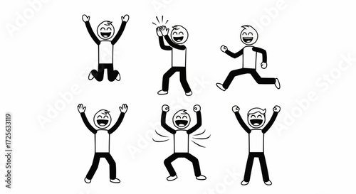 Set of minimalist line art icons showing a joyful character jumping, cheering, and celebrating success in various dynamic poses
