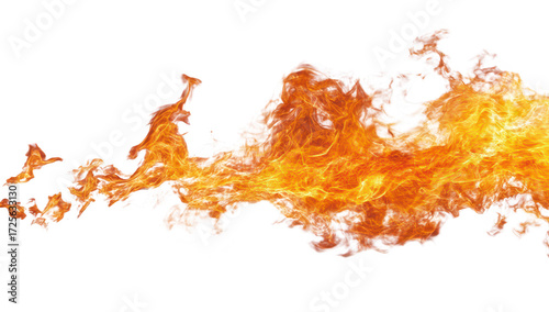A dynamic burst of orange and yellow flames against a stark white background. illustrating the fierce energy of fire. ideal for use in design and creative projects