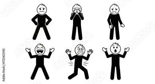 A collection of simple stick figure icons representing a wide range of human emotions and feelings, such as happiness, anger, sadness, and surprise