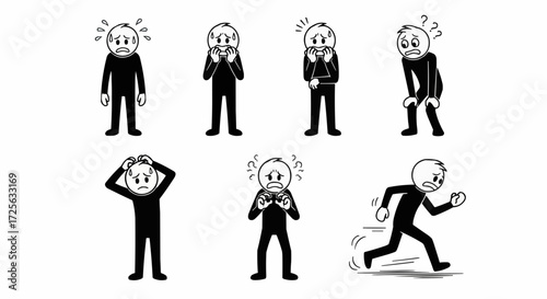 Diverse set of cartoon human figures expressing various emotions and actions such as fear, shock, worry, and running away