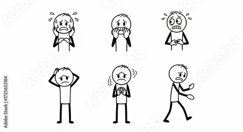 A collection of stick figure characters depicting various negative emotions such as fear, anxiety, stress, and panic. Simple vector illustration set