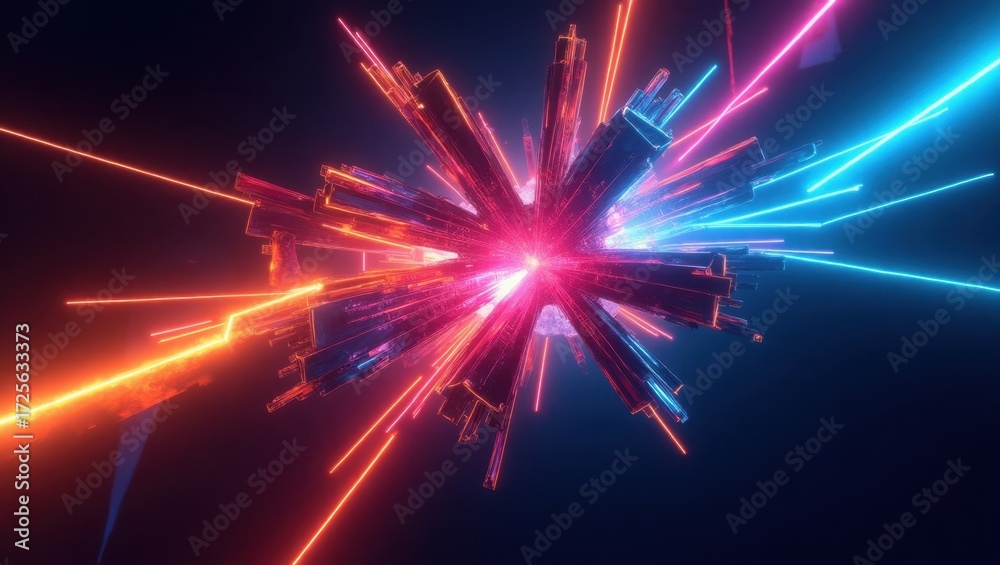 Fototapeta premium A vibrant, abstract design showcases a dynamic explosion of neon-colored lines radiating outward from a central point, composed of geometric shapes that create a sense of movement and energy.