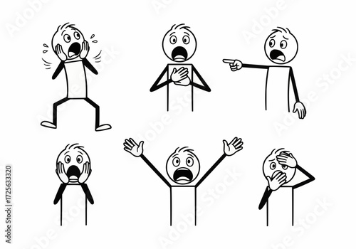 Illustrative set of stick figure characters expressing a variety of intense human emotions, including shock, fear, surprise, distress, and panic, ideal for visual communication
