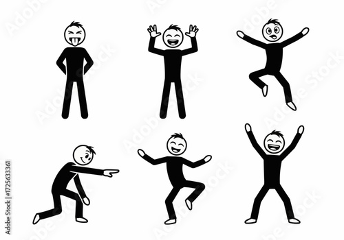 A conceptual illustration set of stick figures representing various human emotions, actions, and expressions through dynamic poses
