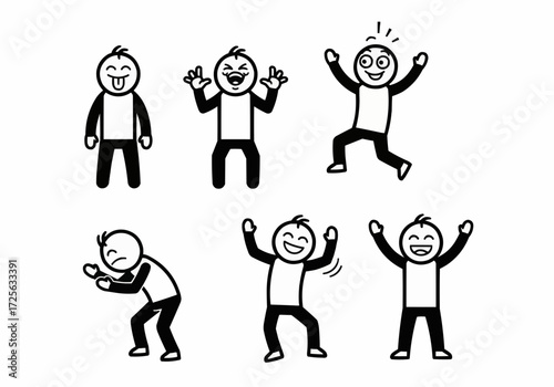 Collection of six simple black and white cartoon stick figures expressing various joyful emotions and poses
