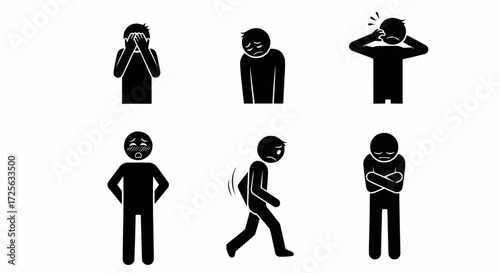 Illustration of various stick figures expressing diverse emotions and physical states