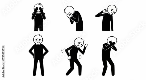 Minimalist stick figures in various poses expressing a range of negative human emotions. Vector graphic set depicting sadness, anger, confusion, and despair, isolated on white