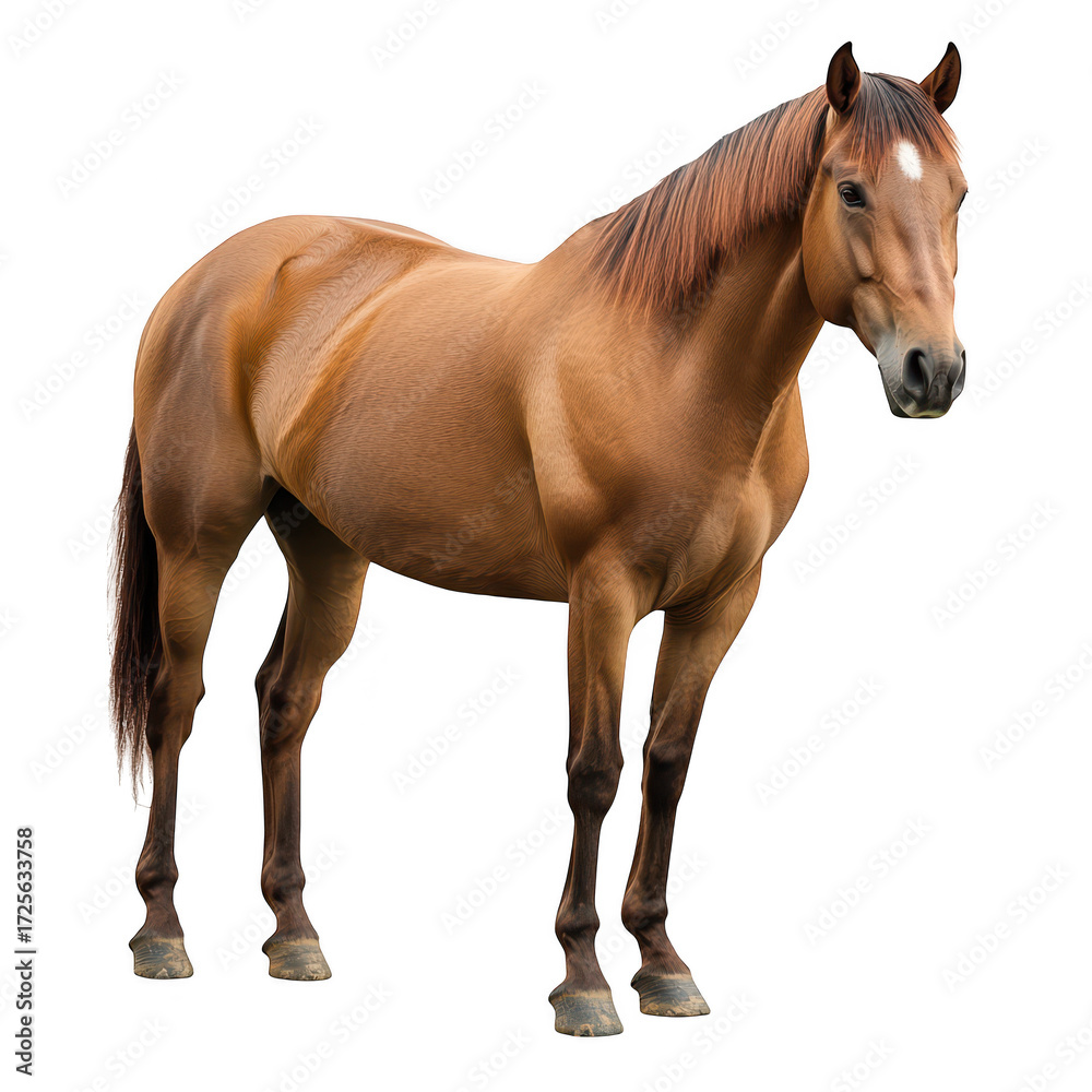 Obraz premium A majestic brown horse stands confidently in a bright. neutral setting. its muscular build and shiny coat. perfect for equestrian-themed projects or animal photography collections