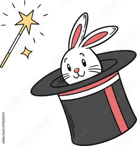 A cute cartoon bunny with long ears is happily popping out of a magician's hat in a fun vector illustration for an Easter design