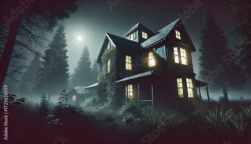 abandoned house at night. The house appears eerie and decayed