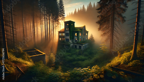 abandoned building deep in the forest during the evening.