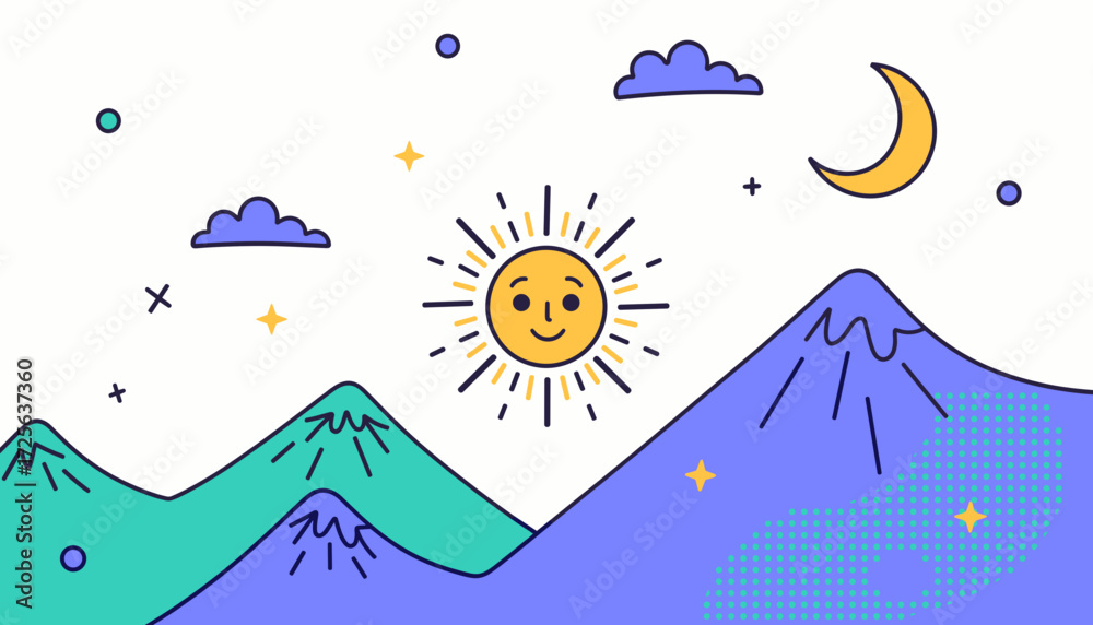 Naklejka premium Colorful sun and mountains with stylized clouds and moon, summer solstice. flat vector style