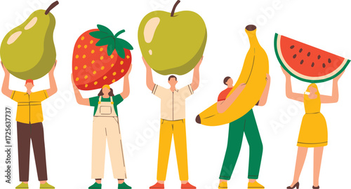 Vector art of people holding giant fruits