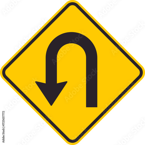 Yellow diamond traffic sign displaying a curved arrow forming a U-shape indicating return or reversal of direction.