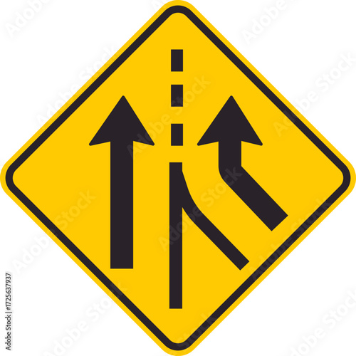 Yellow diamond traffic sign showing merging arrow indicating an added lane joining the main roadway.