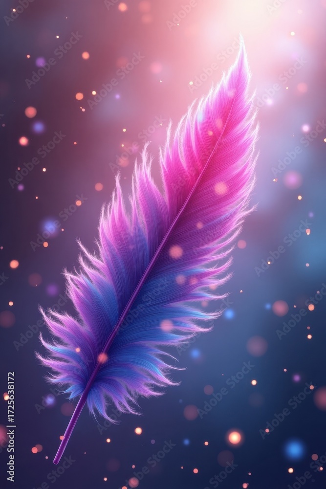Obraz premium A vibrant, fluffy feather in shades of pink and blue, bathed in soft, glowing light, floats amidst a backdrop of sparkling, out-of-focus particles.