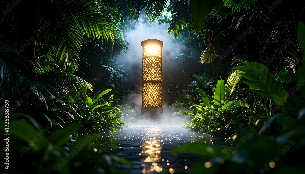 Fototapeta premium Illuminated Path Through Tropical Rainforest with Exotic Greenery