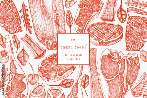 Butchery Shop Design Template. Vector Hand Drawn Meat Banner. Vintage Style Bar B Q Menu Illustration.
