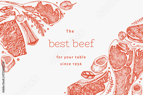 Butchery Shop Design Template. Vector Hand Drawn Meat Banner. Vintage Style Bar B Q Menu Illustration.