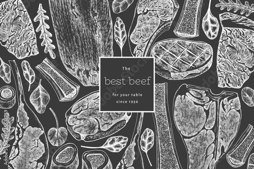 Butchery Shop Chalk Board Design Template. Vector Hand Drawn Meat Banner. Vintage Style Bar B Q Menu Illustration.