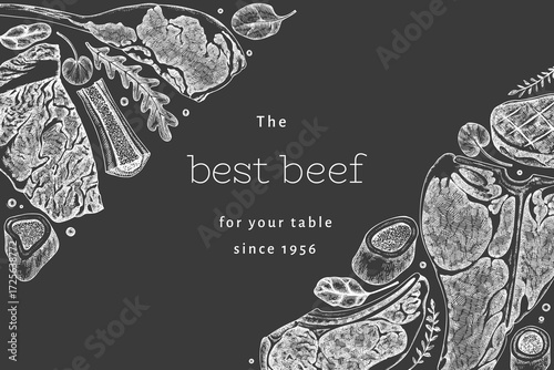 Butchery Shop Chalk Board Design Template. Vector Hand Drawn Meat Banner. Vintage Style Bar B Q Menu Illustration.